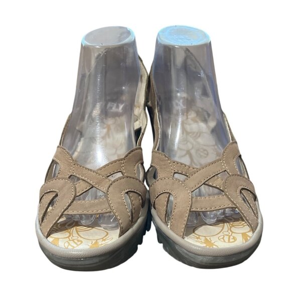 Fly London Yadi Wedge Sandal Leather Cutout Open Toe Taupe Womens 39 / US 8-8.5 - Picture 7 of 10
